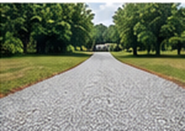Long gravel driveway lined with trees